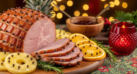 A beautifully glazed holiday ham, sliced and garnished with pineapple rings and orange slices, set against a warm, festive background with soft lighting.の素材