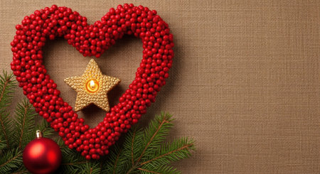 A red heart-shaped wreath with a star candle inside, complemented by a red ornament and green foliage, set against a neutral background.の素材