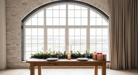 A beautifully decorated wooden table with a Christmas garland, plates, and gifts, situated in a bright room with a massive arched window and exposed brick wall.の素材