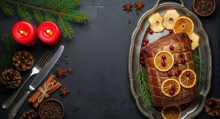 Overhead shot of a holiday ham dinner with candles, pine branches, and festive decorations, perfect for Christmas or Thanksgiving celebrations.の素材