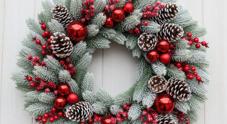 A close-up of a beautiful Christmas wreath with frosted pine needles, pine cones, and red berries, perfect for holiday decorations.の素材