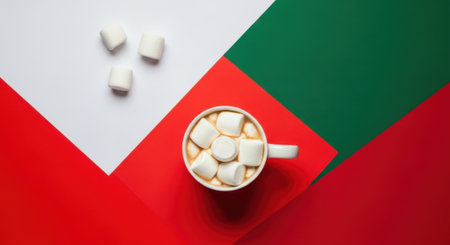 Overhead shot of a mug filled with hot chocolate and marshmallows, set against a vibrant backdrop of red, white, and green colors.の素材