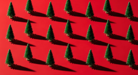 A vibrant pattern of miniature Christmas trees arranged on a bright red surface, creating a festive and cheerful holiday backdrop.の素材