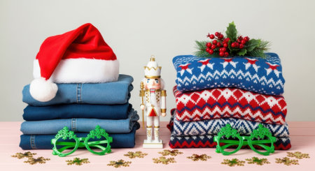 A vibrant holiday scene featuring stacks of clothes, a Santa hat, decorative bows, and a nutcracker figurine, perfect for seasonal themes.の素材