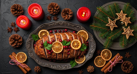 Overhead shot of a glazed ham decorated with citrus slices and cranberries, surrounded by candles, pinecones, and greenery for a festive holiday meal.の素材