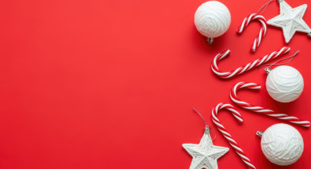 A vibrant red Christmas background featuring candy canes, white star ornaments, and white baubles, perfect for holiday-themed designs and promotions.の素材