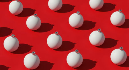 A vibrant red background is adorned with a repeating pattern of white Christmas ornaments, creating a festive and cheerful holiday scene.の素材