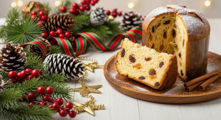 A delicious panettone cake with a slice cut out, surrounded by Christmas decorations, pine cones, and berries.の素材