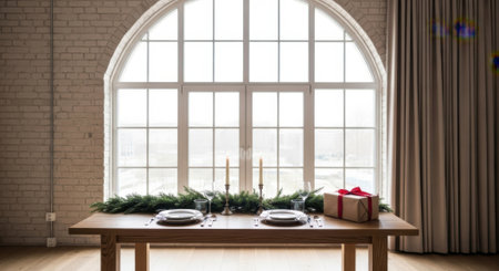 A wooden table set for a meal with two plates, surrounded by festive greenery and gift boxes, in front of a large arched window.の素材