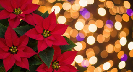 A vibrant image featuring red poinsettias in the foreground, set against a backdrop of warm, glowing bokeh lights, evoking the spirit of Christmas.の素材