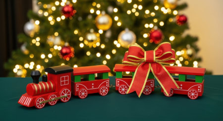 A charming red toy train, adorned with a large red bow, sits in front of a beautifully decorated Christmas tree, creating a festive holiday scene.の素材
