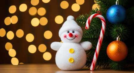 A cheerful snowman toy stands next to a decorated Christmas tree with a candy cane and colorful ornaments against a warm bokeh background.の素材