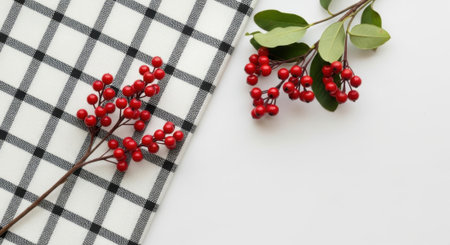 Overhead shot of red berries with green leaves on a plaid cloth and white background, creating a festive and natural arrangement.の素材