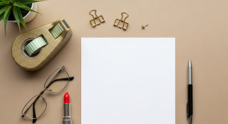 A top-down view of a blank white sheet of paper surrounded by various office supplies and personal accessories, including a tape dispenser, eyeglasses, lipstick, a pen, and small decorative clips, all arranged neatly on a light beige surface.の素材