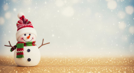 A cheerful snowman toy wearing a knitted hat and scarf stands on a sparkling gold surface. The soft blue background with bokeh lights creates a magical winter holiday scene with copy space.の素材