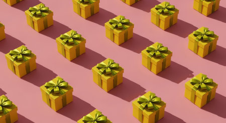 A repeating pattern of small, yellow gift boxes with green bows, casting shadows on a pink background, creating a cheerful and celebratory aesthetic.の素材