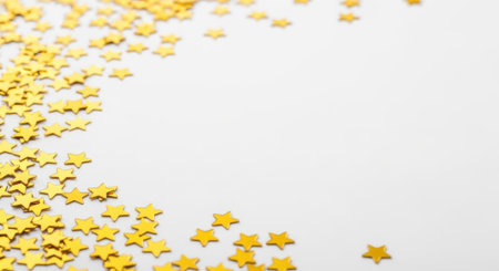 Close-up of scattered golden star-shaped confetti on a white surface, creating a celebratory and festive background.の素材