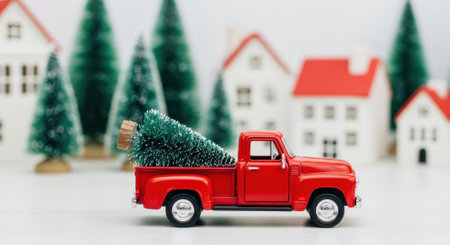 A miniature red pickup truck carries a Christmas tree through a snowy village, embodying the holiday spirit and festive cheer.の素材