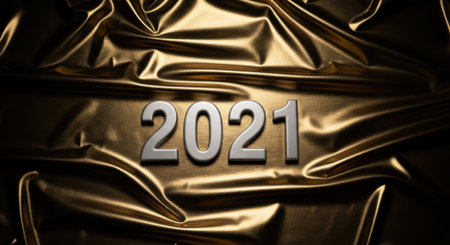 A close-up shot of luxurious golden fabric with a metallic 2021 text overlay, creating a festive and elegant backdrop for New Years greetings and celebrations.の素材