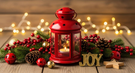 A charming red lantern with a lit candle sits amidst pine branches, berries, pinecones, and golden ornaments, with soft bokeh lights in the background.の素材