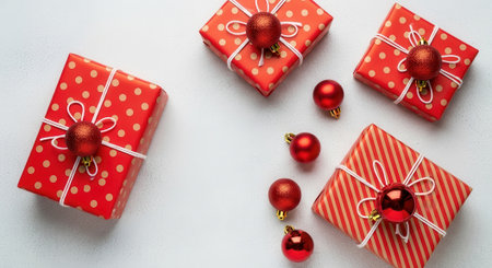 Overhead shot of wrapped red gift boxes with white ribbons and red ornaments scattered on a clean white surface, creating a festive holiday scene.の素材