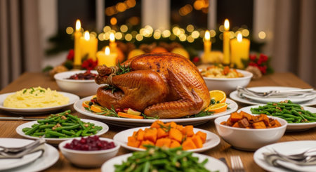 A beautifully set Thanksgiving dinner table featuring a golden roasted turkey as the centerpiece, surrounded by various side dishes and illuminated by warm candlelight.の素材