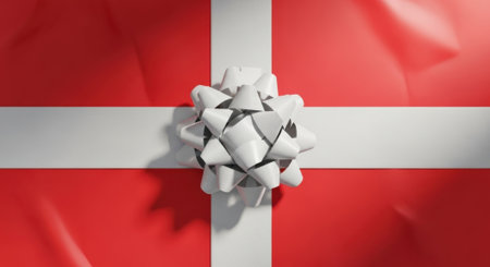 A vibrant red gift wrapped with a crisp white ribbon and topped with a decorative white bow, captured from a top-down perspective.の素材