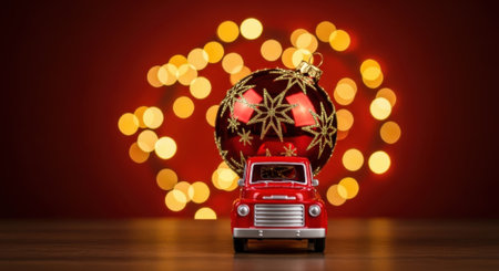 A charming red toy truck carries a large Christmas ornament, set against a backdrop of warm bokeh lights, creating a festive holiday scene.の素材