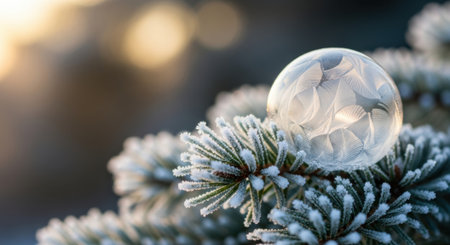 A magical close-up of a frozen soap bubble showing intricate ice patterns, resting on a snow-covered fir tree branch with a warm, glowing bokeh background.の素材