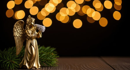 A golden angel figurine stands on a wooden surface, with bokeh lights in the background and an evergreen branch at its base.の素材