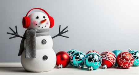 A cheerful snowman wearing red earmuffs and a gray scarf stands beside a collection of vibrant Christmas ornaments, creating a festive holiday scene.の素材