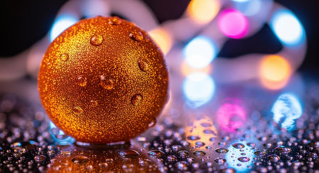 A close-up of an orange Christmas ornament covered in dew drops, set against a backdrop of blurred, colorful bokeh lights, creating a festive atmosphere.の素材
