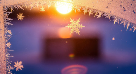 A windowpane adorned with intricate frost patterns, illuminated by the warm glow of the sun, capturing the beauty of winters touch.の素材