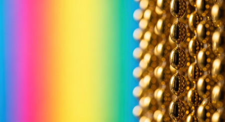 A close-up shot of golden beads contrasted against a vibrant rainbow background, creating a striking visual effect. The beads are in sharp focus.の素材