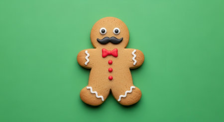 A gingerbread man with a mustache and bow tie lies on a green background, decorated with white icing.の素材