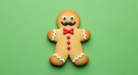 A charming gingerbread man cookie with a mustache and bow tie, set against a vibrant green backdrop. Perfect for holiday themes.の素材