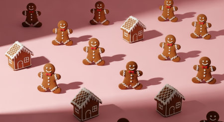 A delightful arrangement of gingerbread men and miniature houses on a soft pink surface, casting shadows and evoking a festive holiday spirit.の素材