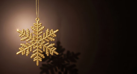 A golden snowflake ornament hangs delicately against a dark background, casting a subtle shadow, evoking a sense of holiday elegance and festive cheer.の素材