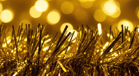 Close-up of shiny golden tinsel garland with blurred bokeh lights in the background, creating a festive and celebratory atmosphere.の素材