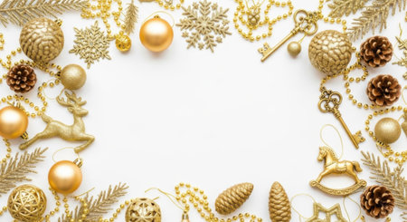 A festive frame composed of various golden Christmas ornaments and decorations, including baubles, snowflakes, pinecones, keys, and reindeer figures, arranged on a clean white background, offering a beautiful space for text or design.の素材