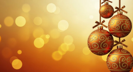 A festive image featuring golden Christmas ornaments hanging against a blurred background of bokeh lights, creating a warm and celebratory atmosphere.の素材