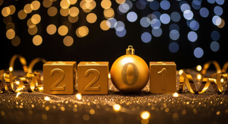 Festive New Year 2023 display featuring golden blocks, a bauble, and sparkling bokeh lights, creating a celebratory atmosphere for the holiday season.の素材