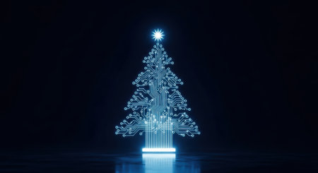 A glowing, futuristic Christmas tree made of neon lights stands out against a dark background, creating a modern holiday scene.の素材