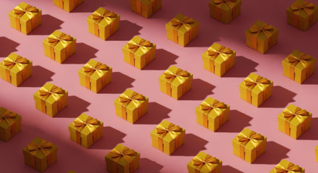 A repeating pattern of small, golden gift boxes with ribbons on a light pink background, casting shadows.の素材