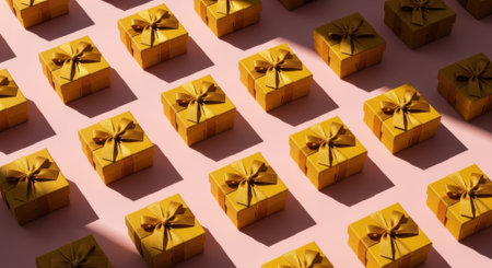 A repeating pattern of golden gift boxes with ribbons on a pink surface, casting shadows and creating a festive, celebratory mood.の素材