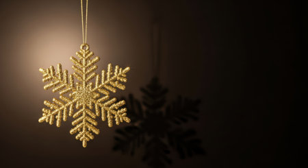 A single, ornate golden snowflake ornament hangs suspended by a thin thread, illuminated by a soft spotlight against a dark, textured background.の素材