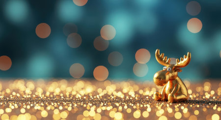A small golden moose or reindeer ornament sits on a shimmering surface of gold glitter. The background is a beautiful blur of teal and gold bokeh lights, creating a magical festive atmosphere.の素材