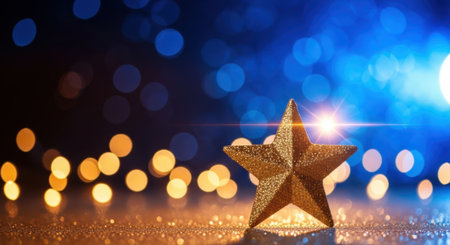 A single gold star sits on a sparkling glitter surface. The background features a beautiful abstract blur of blue and gold bokeh lights creating a festive and magical mood.の素材