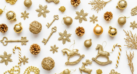 A festive flat lay featuring an assortment of golden Christmas ornaments, including snowflakes, keys, rocking horses, and pinecones, arranged on a clean white background.の素材
