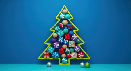 A vibrant Christmas tree arrangement made of gifts and ornaments against a blue backdrop, creating a festive holiday scene.の素材